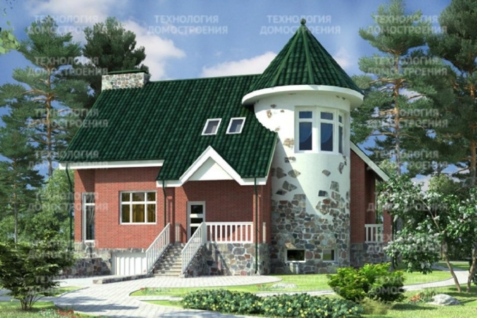 Дом с зеленой крышей и башней