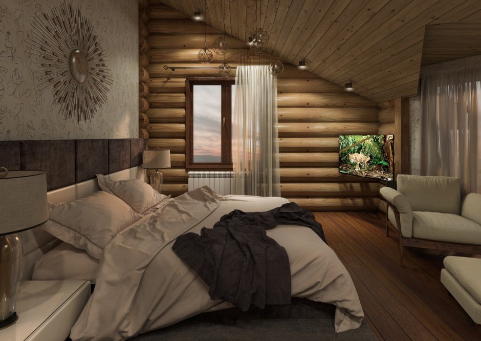 Терракотовая спальня в деревянном доме дизайн интерьер