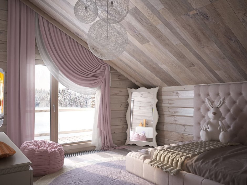 Спальня для девочки в деревянном доме