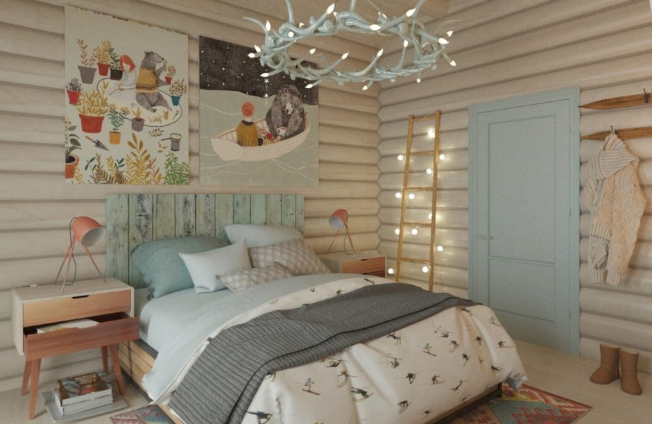 Спальня в деревянном доме в стиле Сканди