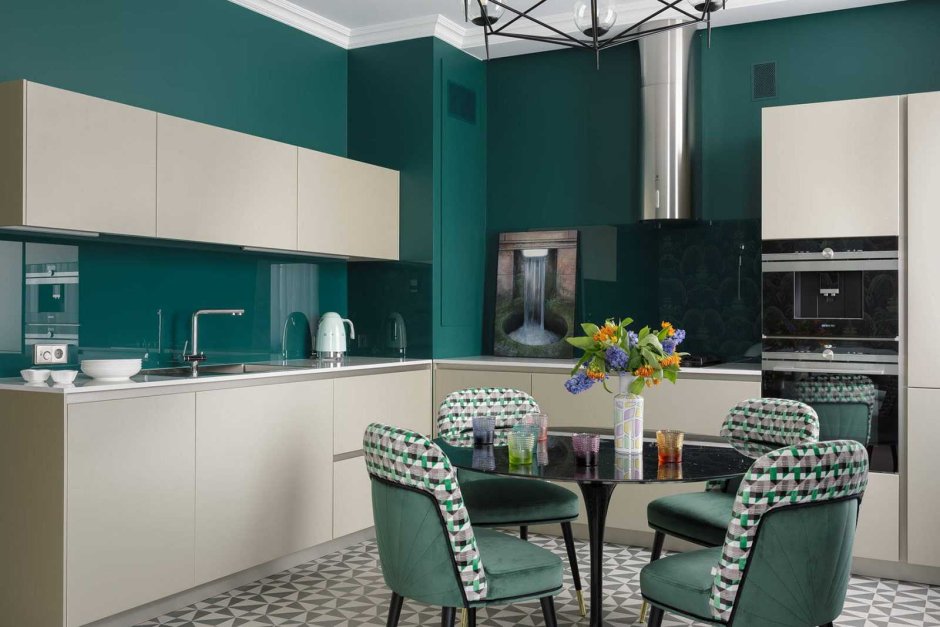 Дизайн кухни зеленый цвет колористика