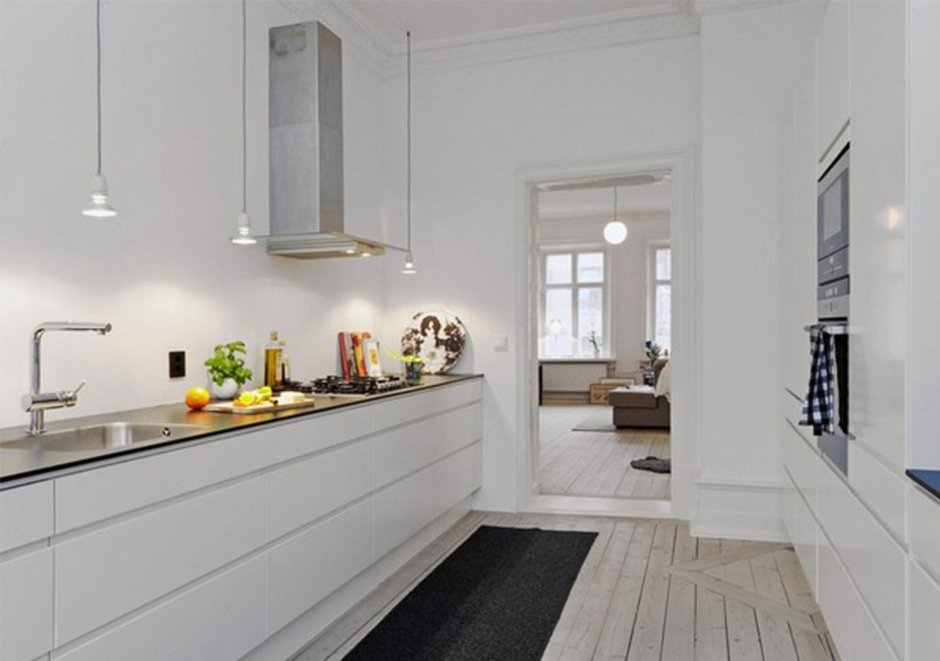 Кухня без верхних шкафов в скандинавском стиле