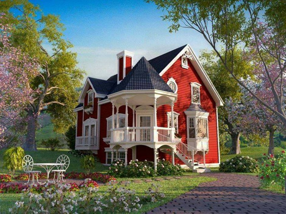 Красный дом в викторианском стиле