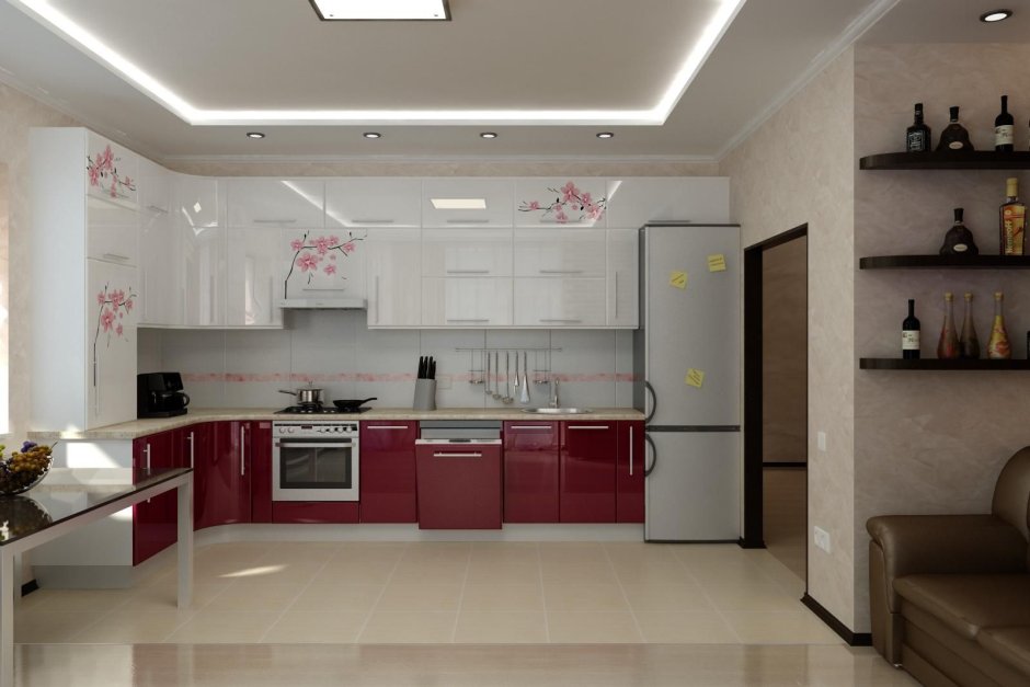 Кухня бело бордовая глянец в интерьере