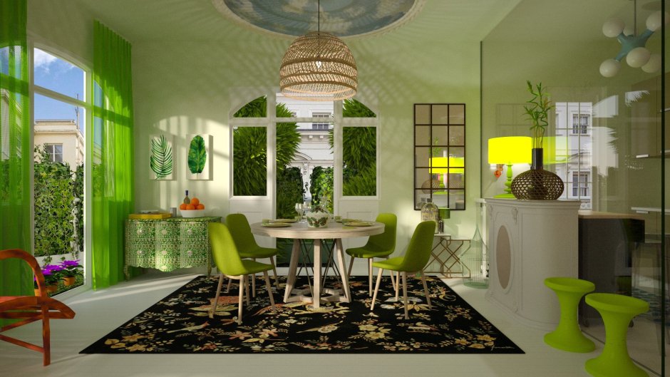 Красивая гостиная зеленые стулья