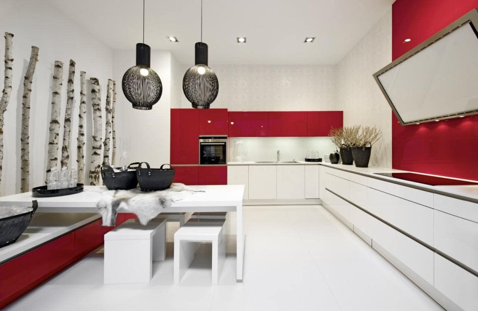 Красно белый интерьер кухни гостиной