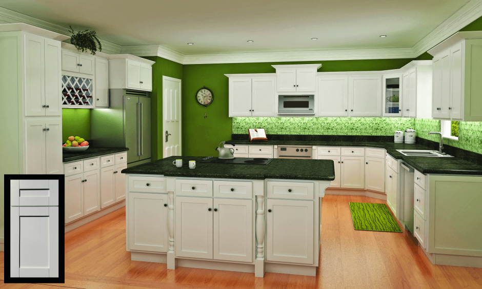 Белая кухня с зеленой столешницей