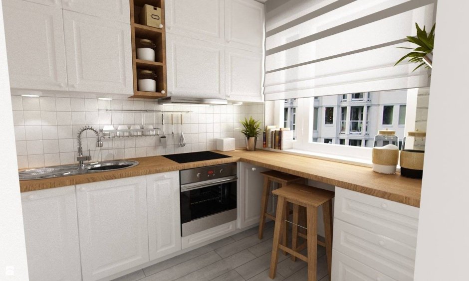 Сканди кухня белая с деревянной столешницей 9 кв метров