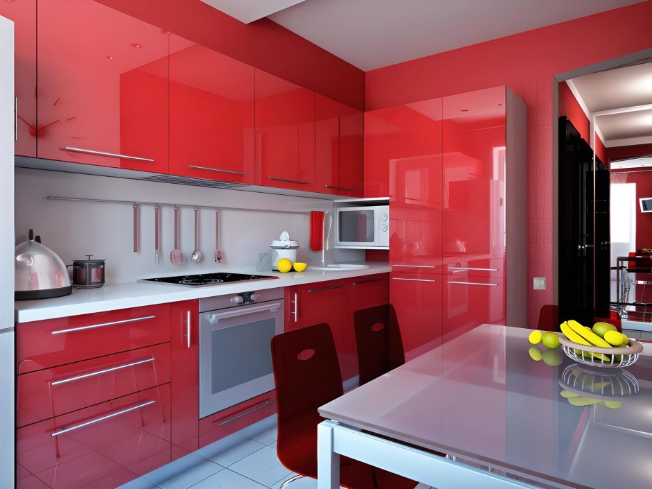 Красная кухня с красным потолком