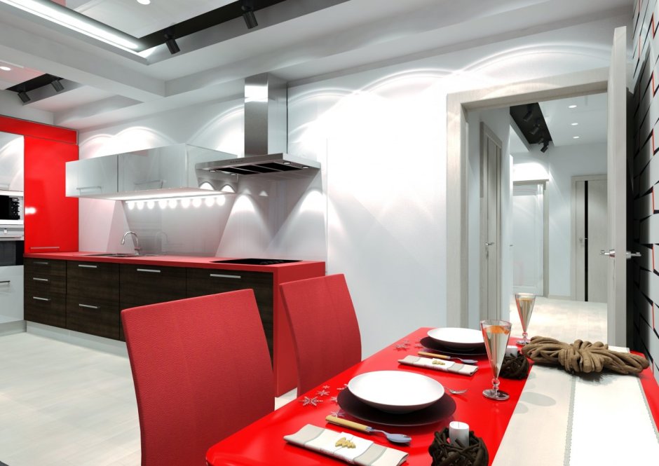 Кухня-гостиная в современном стиле с красной кухней