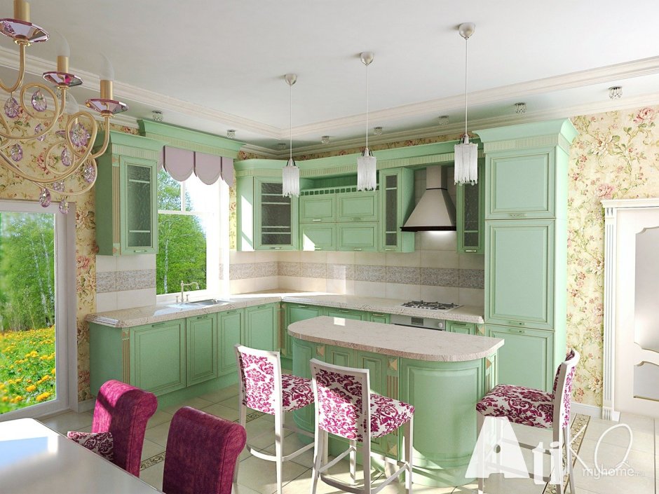 Кухни в стиле Прованс лавандового и зеленого цвета