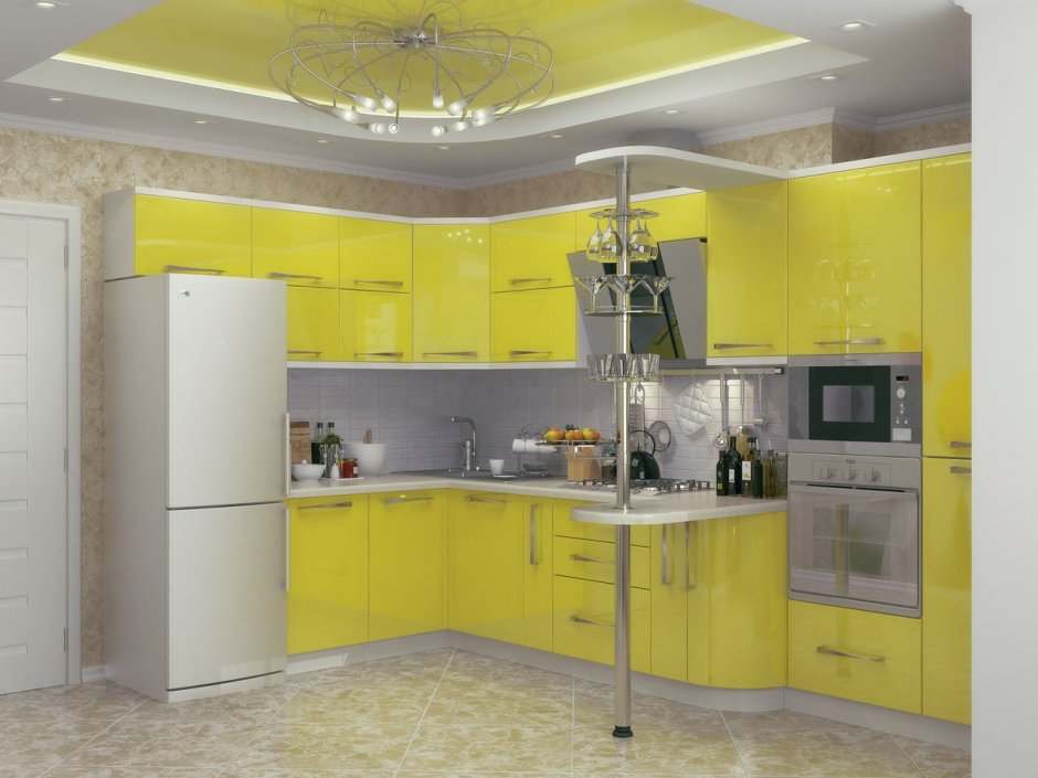 Кухня желтая с серым угловая