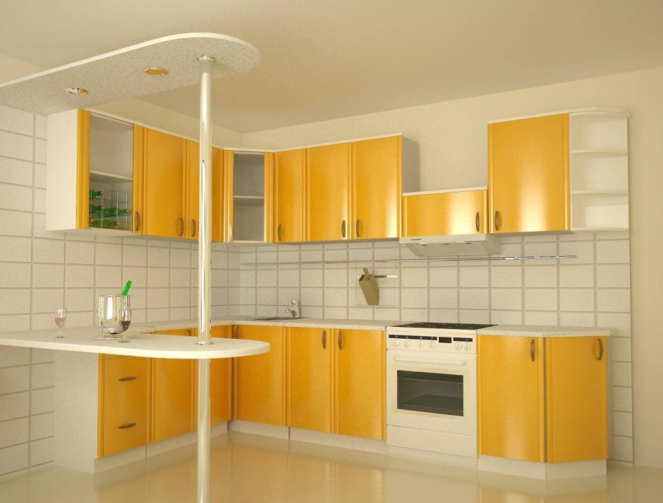 Жёлтый кухонный гарнитур с барной стойкой