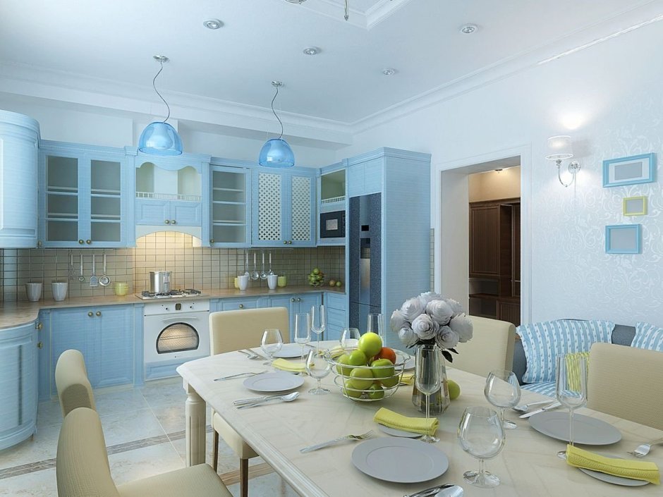 Бело голубая кухня гостиная