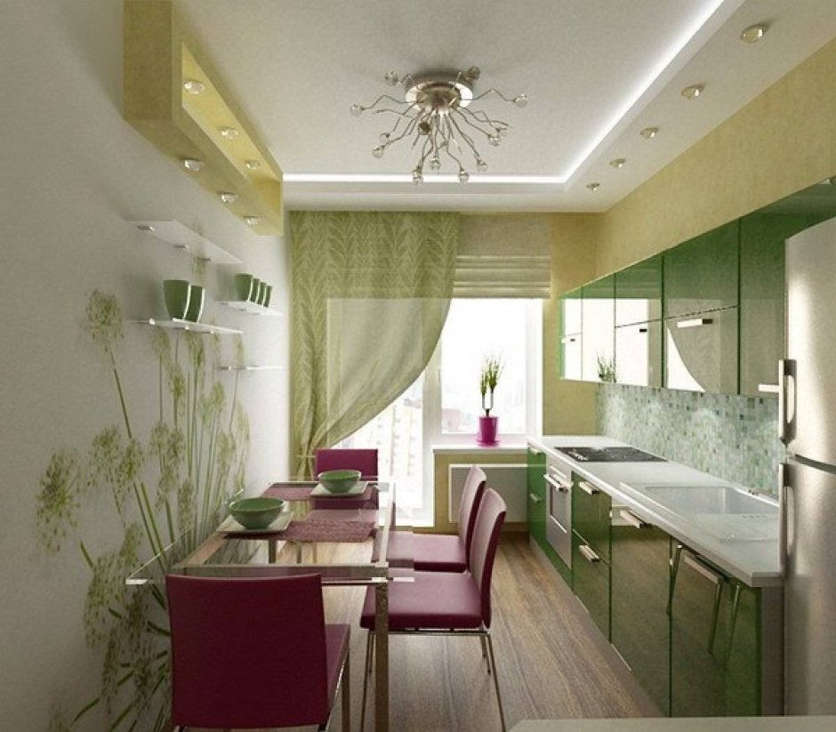 Интерьер узкой кухни в зеленом цвете