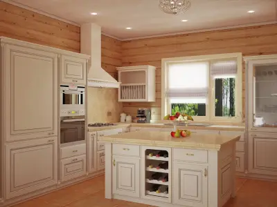 Белая кухня в деревянном доме — дизайн кухни в брусовом доме