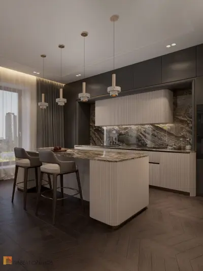 Интерьер кухни-гостиной жк \ prime park\ — современные интерьеры кухни