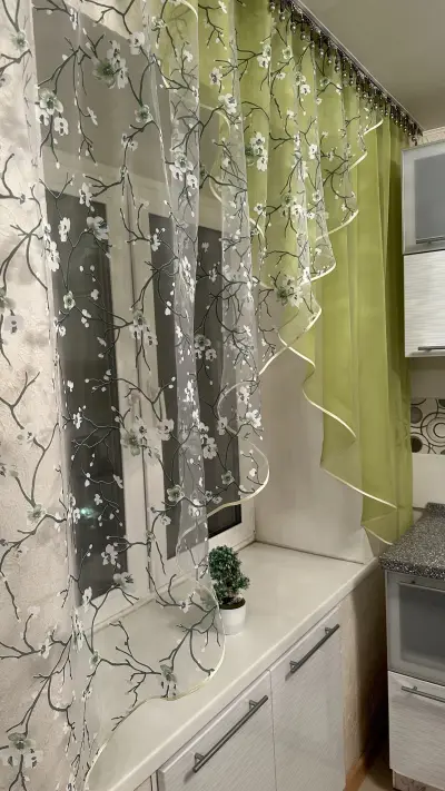 Шторы для кухни треугольники 170х300см салатовый органза вуаль