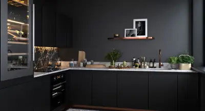 Темная кухня в интерьере — кухня черные стены