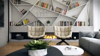 Оригинальные стеллажи в интерьере — гостиная с книжными полками