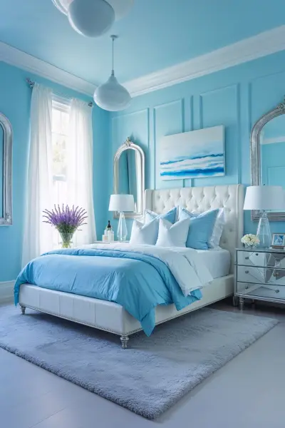 Интерьер спальни в голубых тонах — голубая спальня