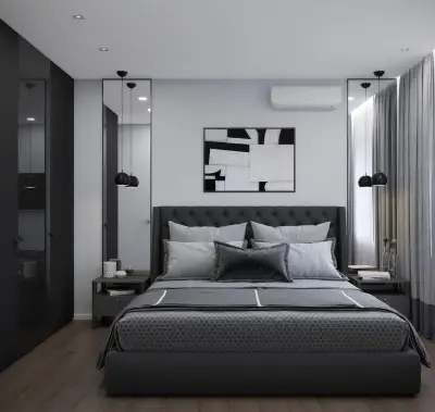 Черно серая спальня в стиле функционализм — интерьер спальни grey bedroom design