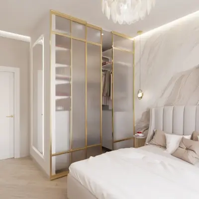 Вход в гардеробную из спальни современный дизайн — интерьер спальной