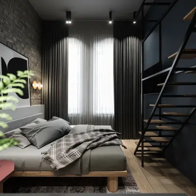 Темный интерьер спальни — маленькая спальня в стиле лофт