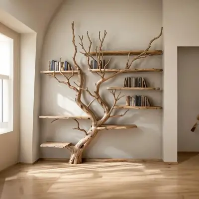 Книжная полка из веток дерева driftwood — детская интерьер